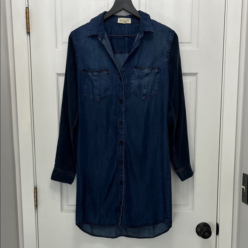 Cloth & Stone Dark Blue Chambray Long Sleeve Mini Shirt Dress - Size Small